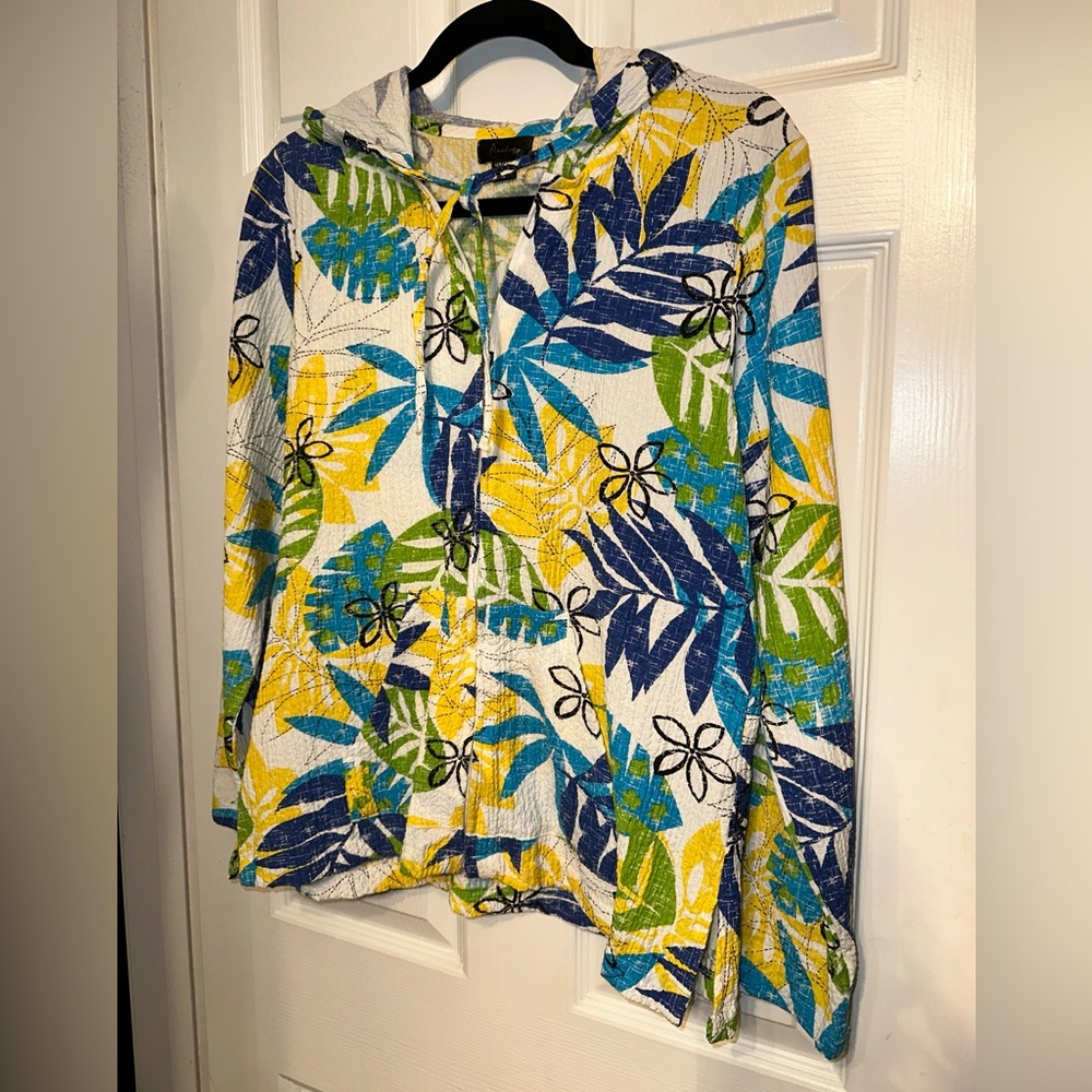 Analogy M Tropical All Over Print Zip Front Hoodie Blue Green Yellow Pocket